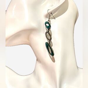3/$15 - Green and Silver Tone Oval Dangle Earrings